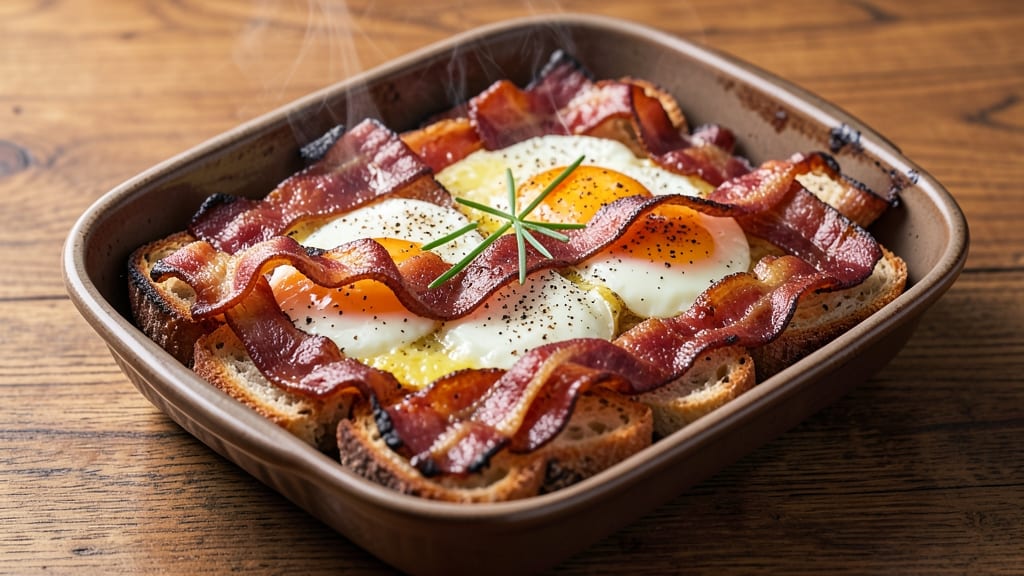 Bacon Egg and Bread Bake Recipe: Crispy Top, Runny Yolk Magic