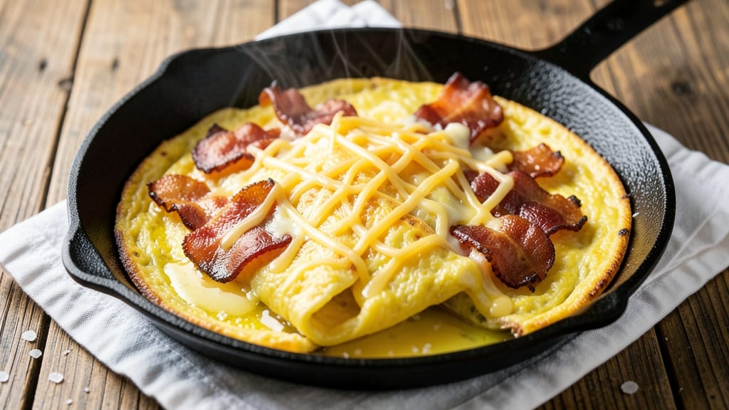 Bacon Egg and Cheese Omelette Recipe: Smoky Crispy Bacon and Melted Cheese Folded in Minutes