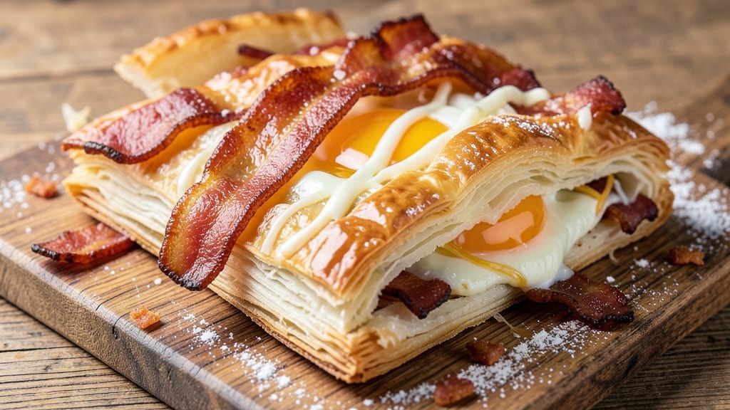 Bacon Egg Cheese Puff Pastry Recipe: Flaky Layers Crusting Around Runny Yolk