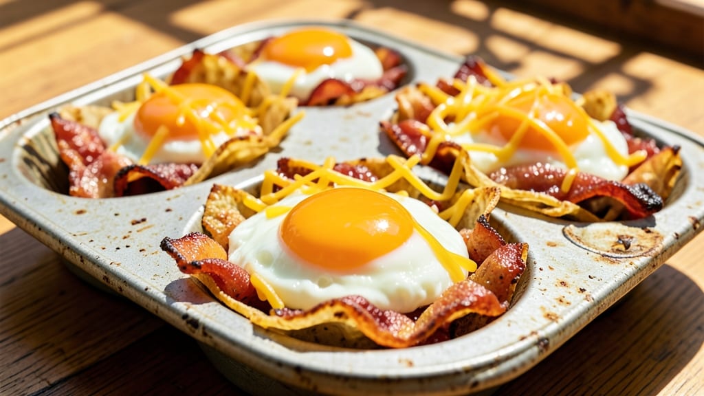 Bacon and Egg Muffin Pan Recipe: Crispy Tortilla Cups With Smoky Yolk and Crunchy Bacon Bites