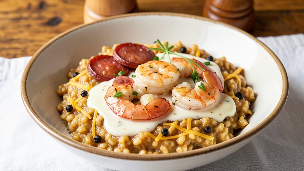 Another Broken Egg Cafe Shrimp and Grits Recipe: Smoky Cheddar and Andouille Crisp-Top Magic